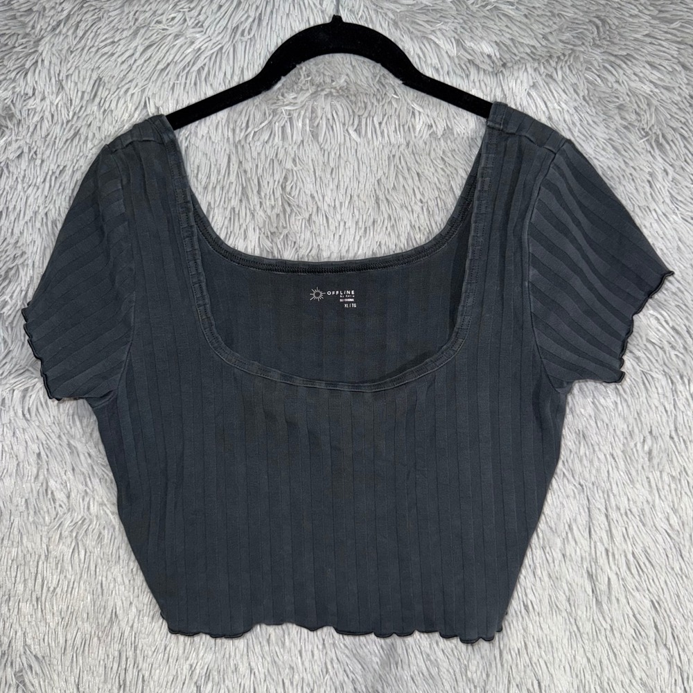 Aerie Offline Ribbed Square Neck Crop Top Women's XL Gray‎